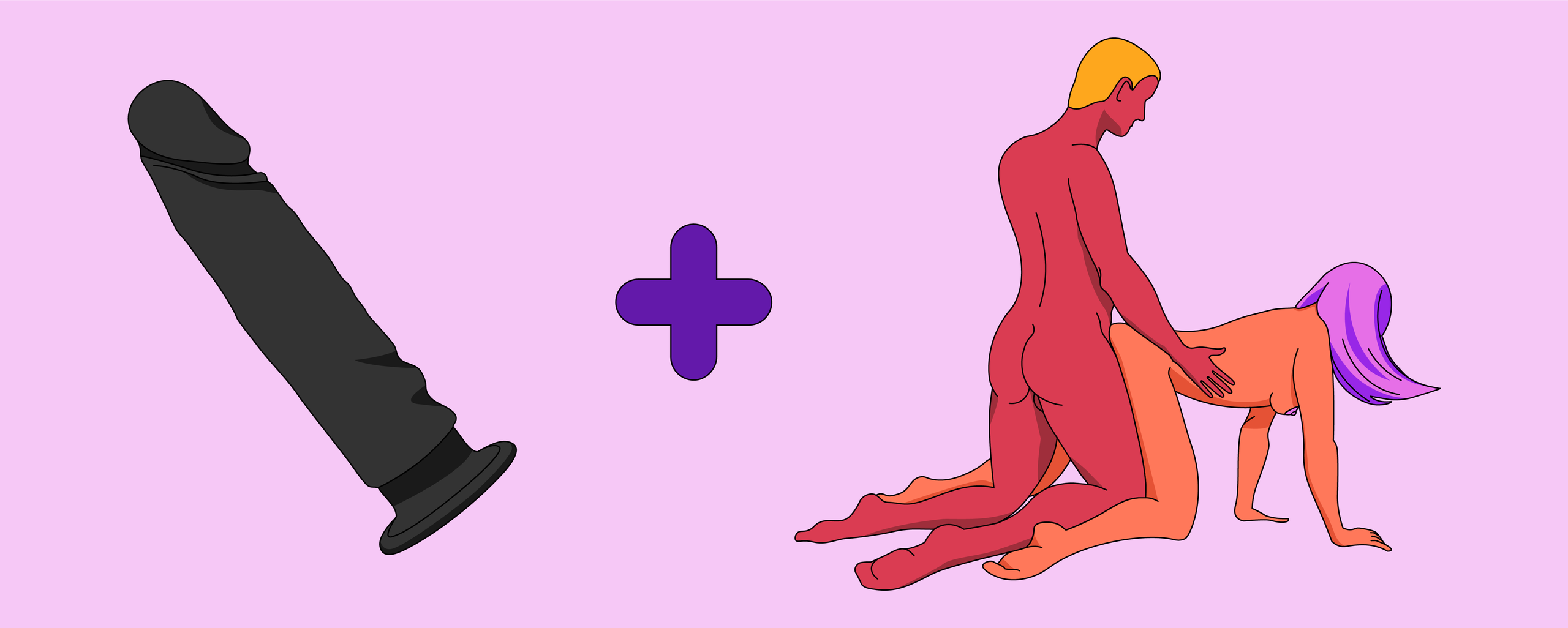 Illustration av en dildo bredvid ett par som har sex i doggystyle, vilket antyder användning av leksaken under ställningen.