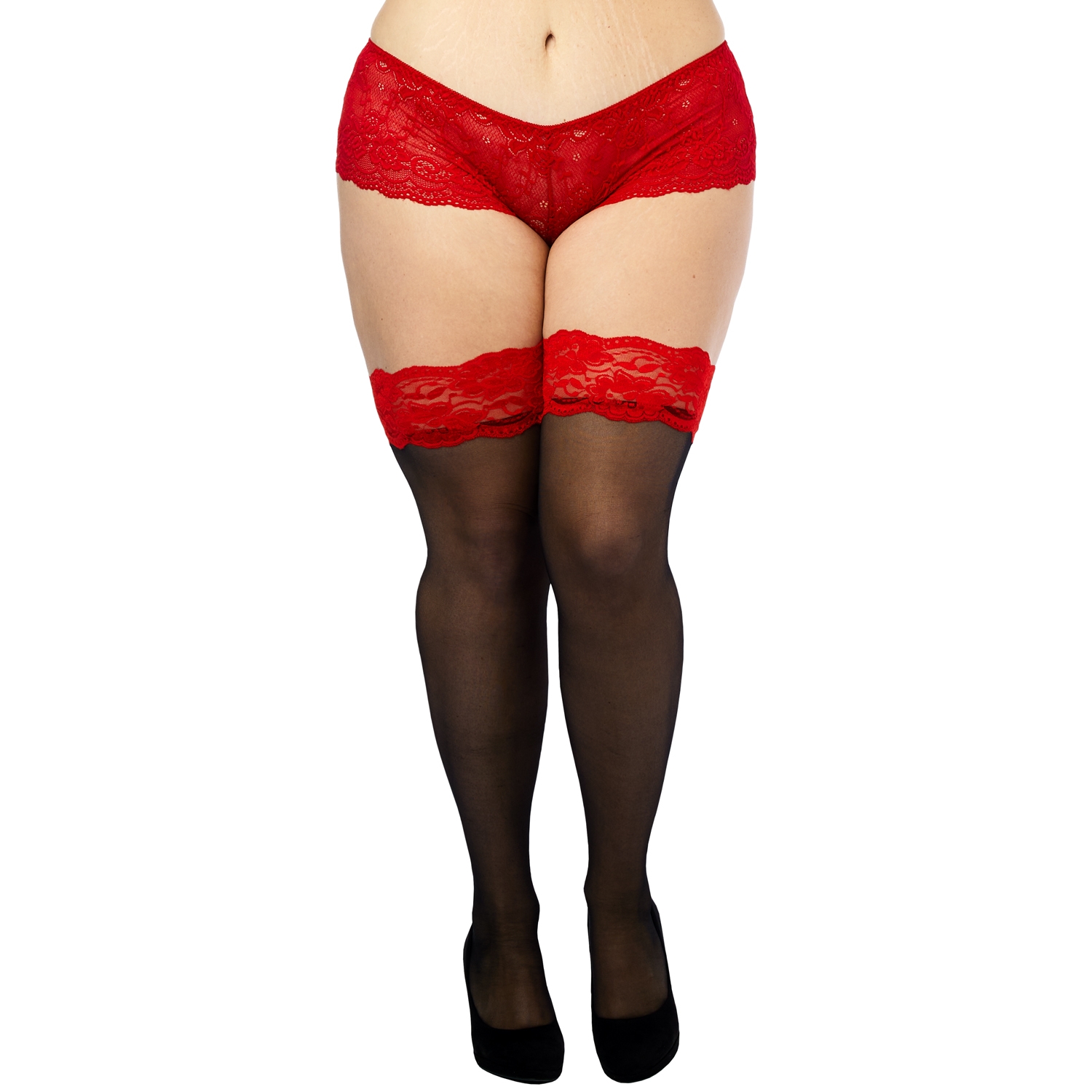 NORTIE Wilderness Hold-up Stockings with Red Lace Hem and Backseam Plus Size  1