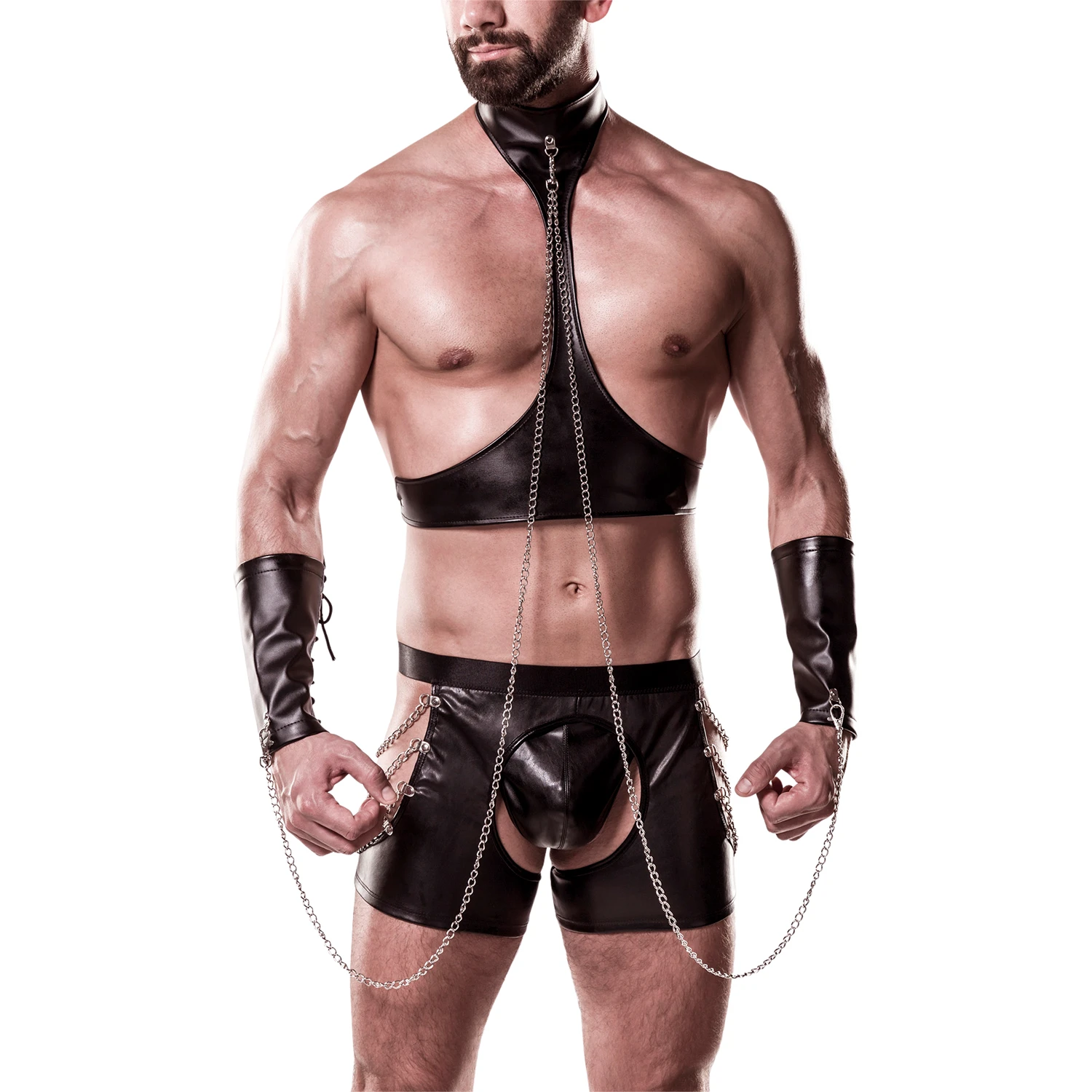 Grey Velvet Men Ensemble de Bondage Effet Mouillé avec Col Roulé  var 1