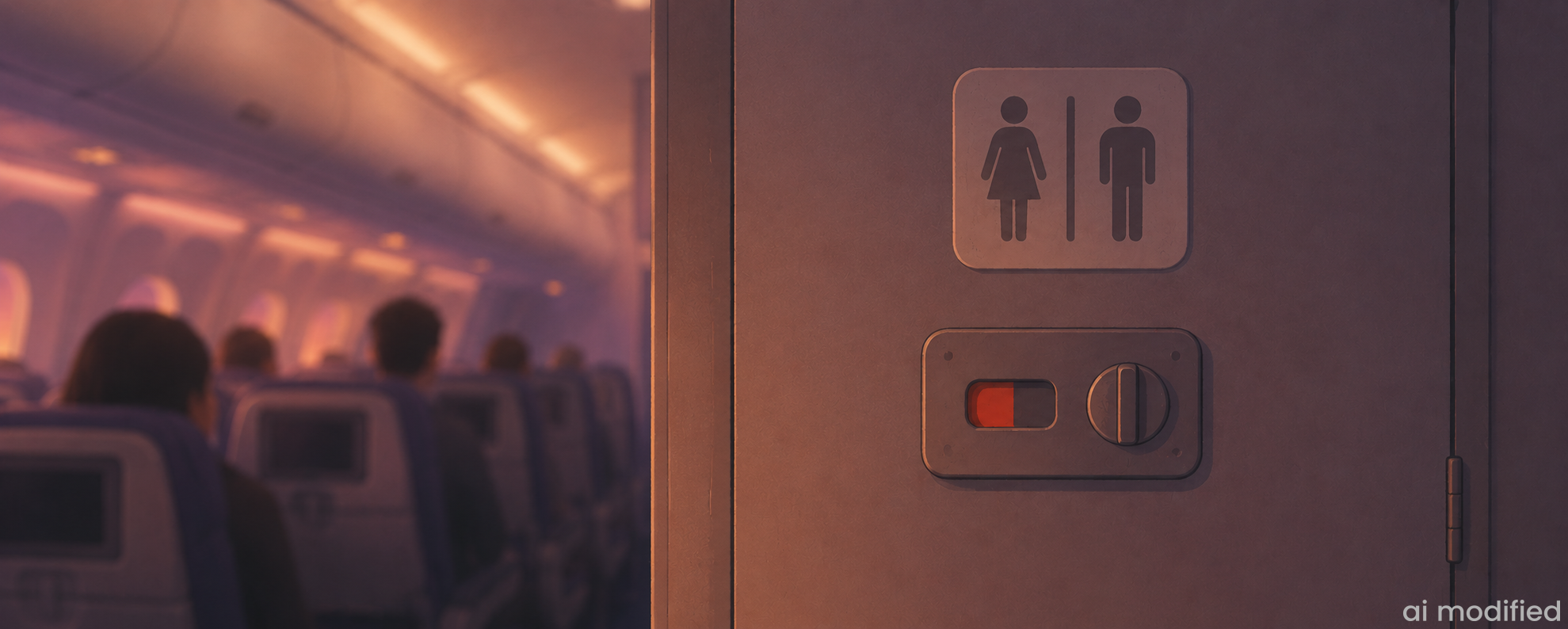Illustration einer Flugzeugkabine mit einer Nahaufnahme eines Toilettenschilds und warmem Sonnenuntergangslicht im Hintergrund