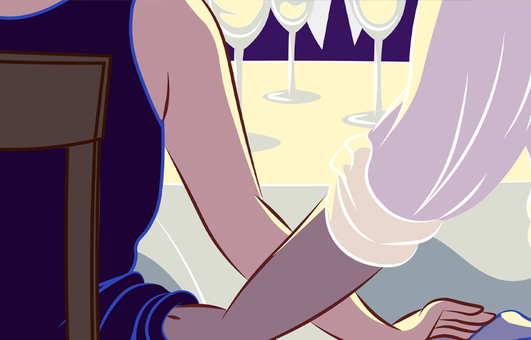 Close-up illustration of two people touching each other's thighs