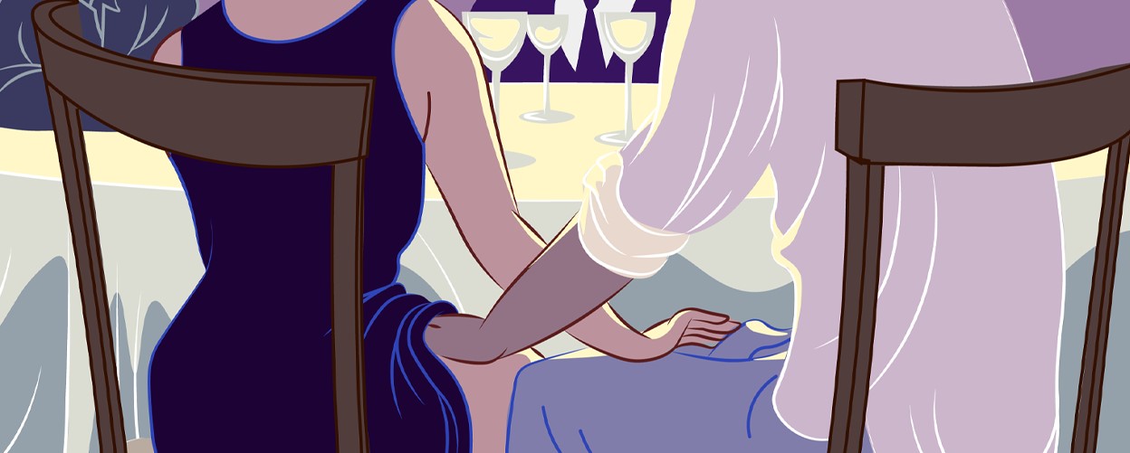 Close-up illustration of two people touching each other's thighs