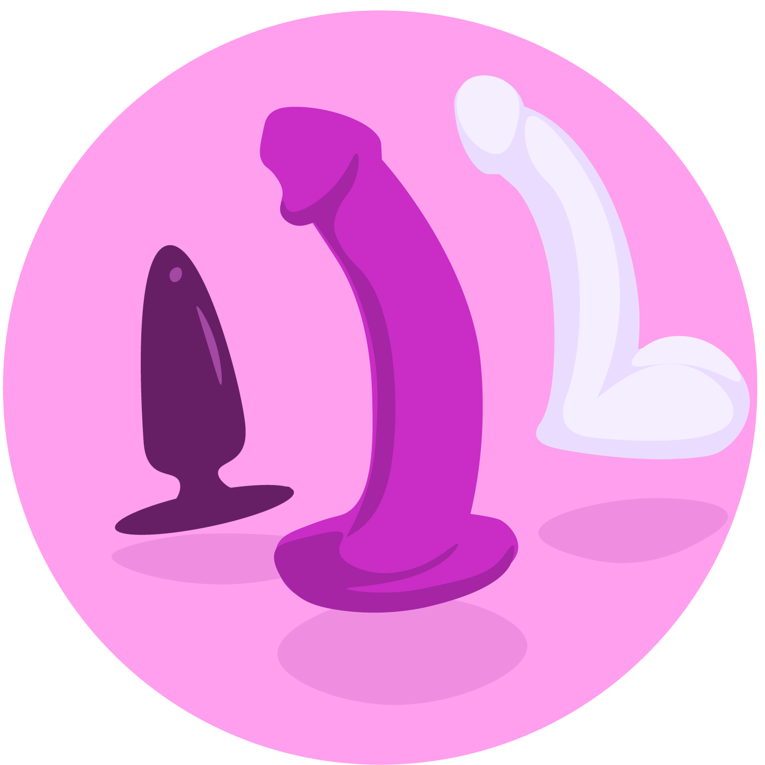 To analdildoer og en buttplug på rosa bakgrunn