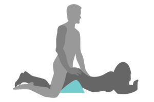 Illustrasjon av sexstilling der en person ligger på magen med en pute under bekkenet og den andre personen står på kne bak