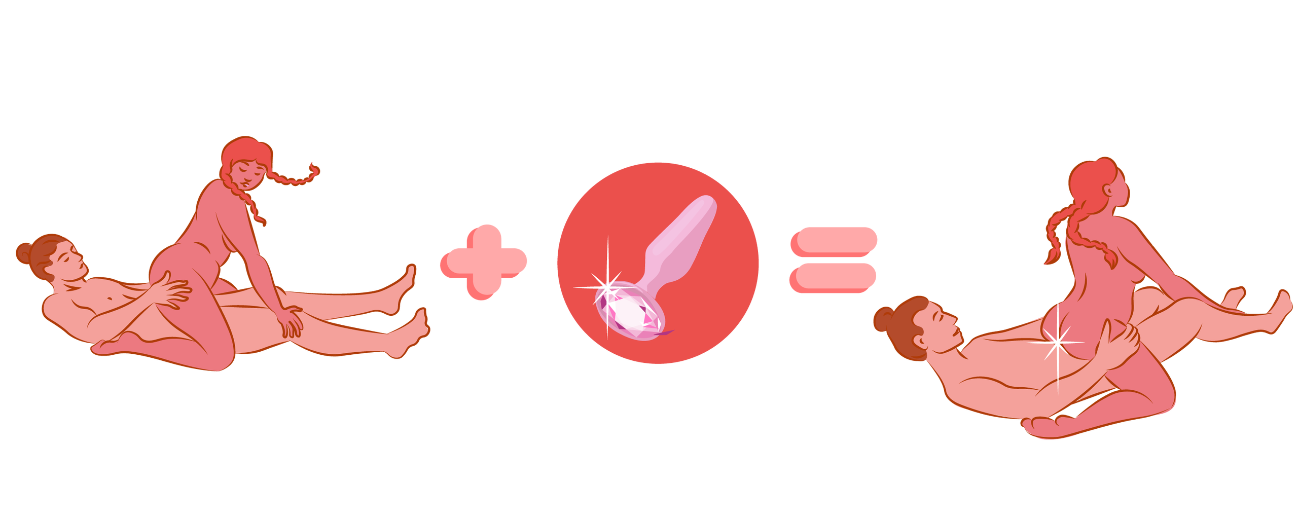 Et par i reverse cowgirl-stilling, hvor den ene partner rider den anden, mens en buttplug bruges til ekstra stimulation.