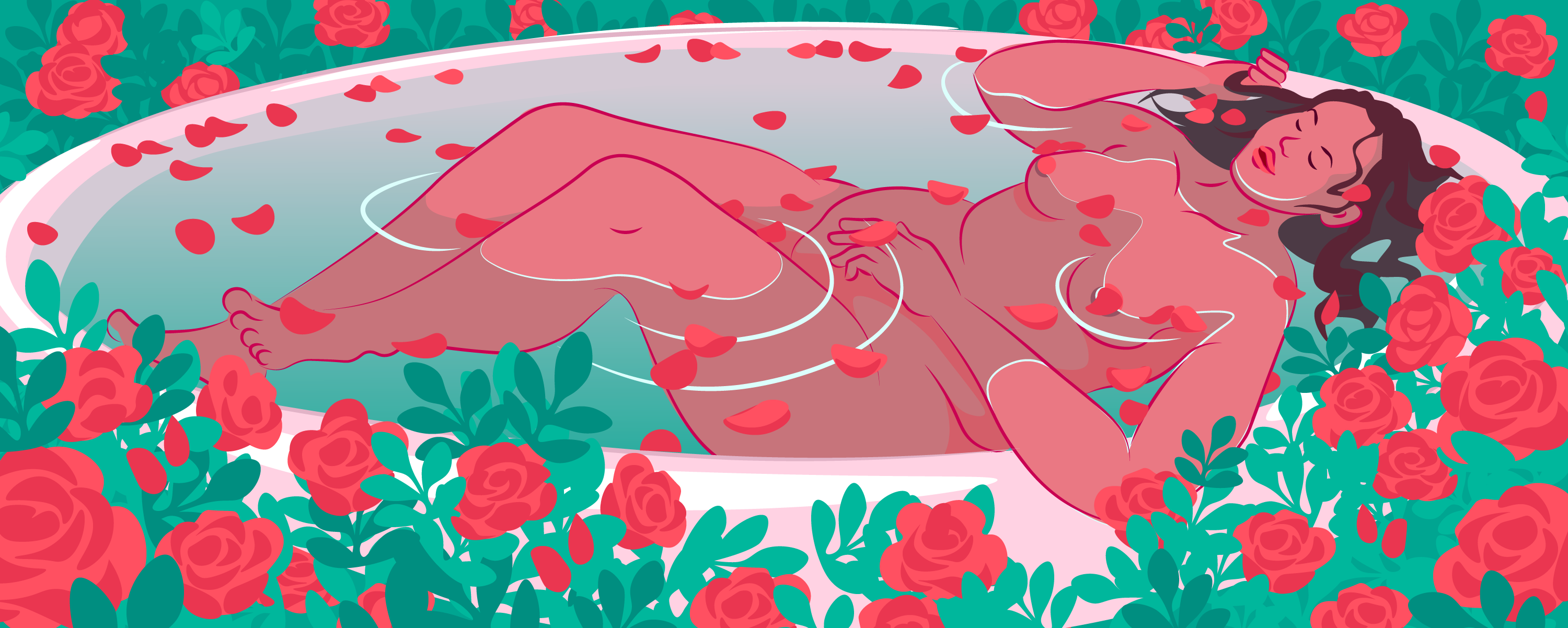 En kvinne som bader i rosenblader omgitt av roser