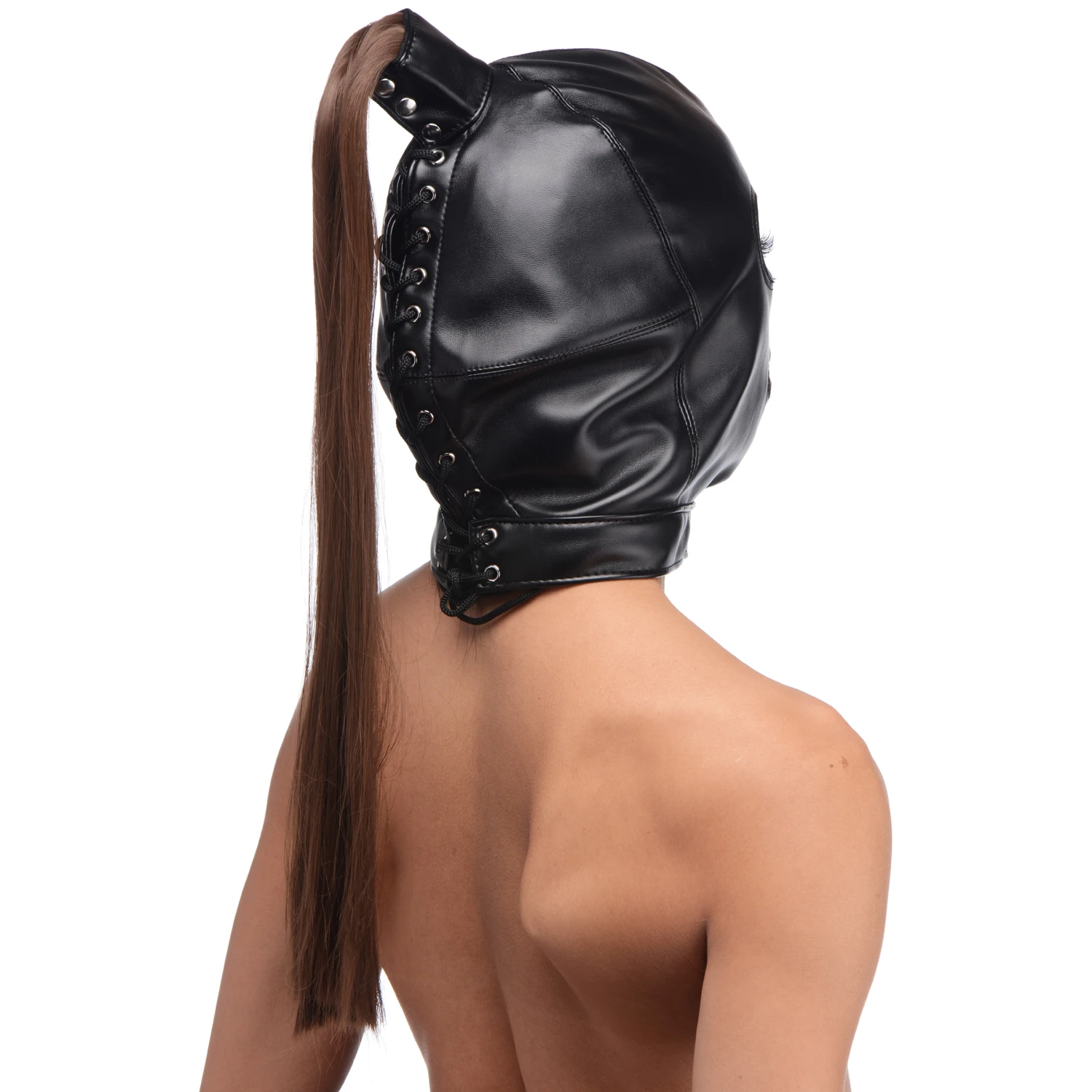 Strict PU-nahkainen Poninhäntä Bondage-huppu 1