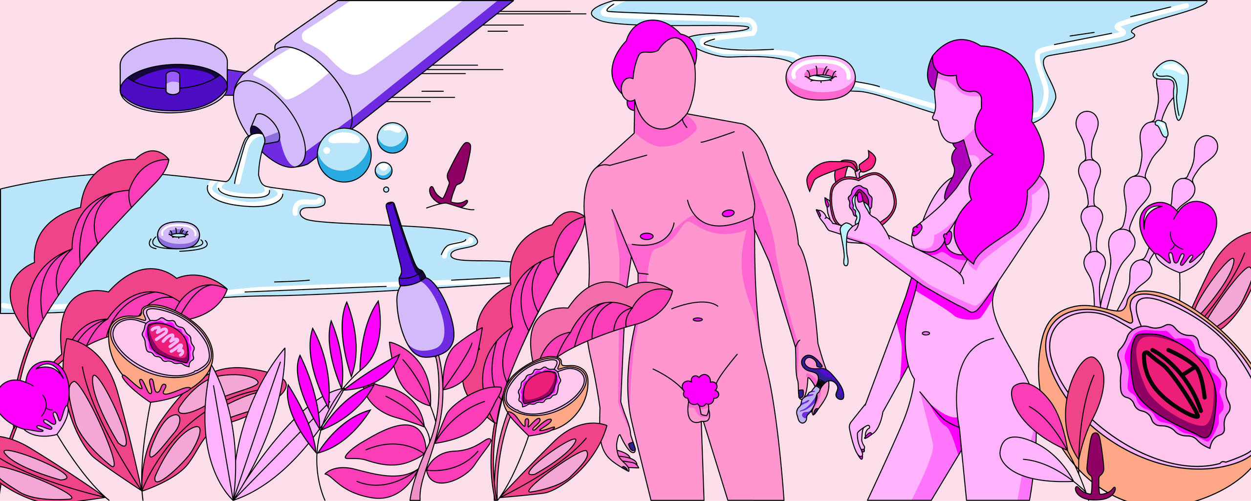 Färgglad illustration av ett naket par omgivna av sexleksaker, glidmedel, växter och anatomiska symboler