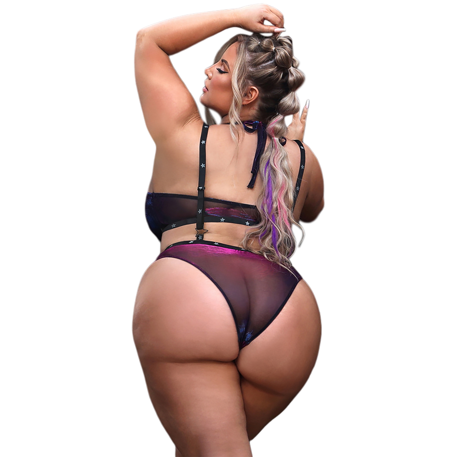 Fantasy Lingerie Vibes STARDUST Top Licou et Bas avec Imprimé Étoiles Réactif aux UV Grande Taille var 2