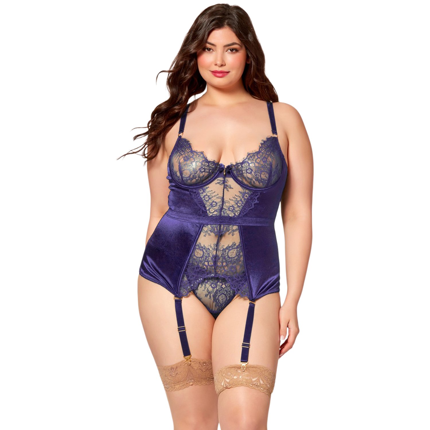 Seven'til Midnight Satin&Eyelash Bustier og G-streng Sæt Plus Size - Mørkeblå - XL/2XL Seven'til Midnight Satin&Eyelash Bustier og G-streng Sæt Plus Size - Mørkeblå - XL/2XL