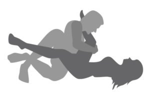 Illustrasjon av sexstilling der en person ligger på ryggen med benene spredd og lett bøyd og den andre personen ligger på siden med hoftene presset mot den andre