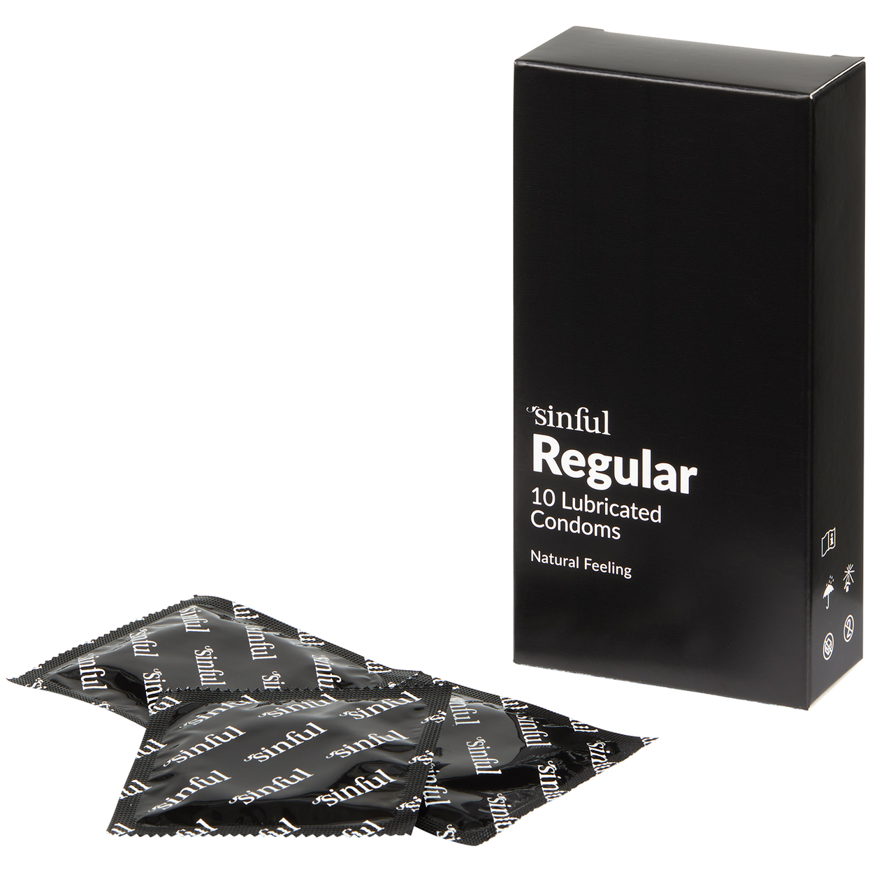 3 sorte kondomer i indpakning med Sinful logo ved siden af stor sort æske