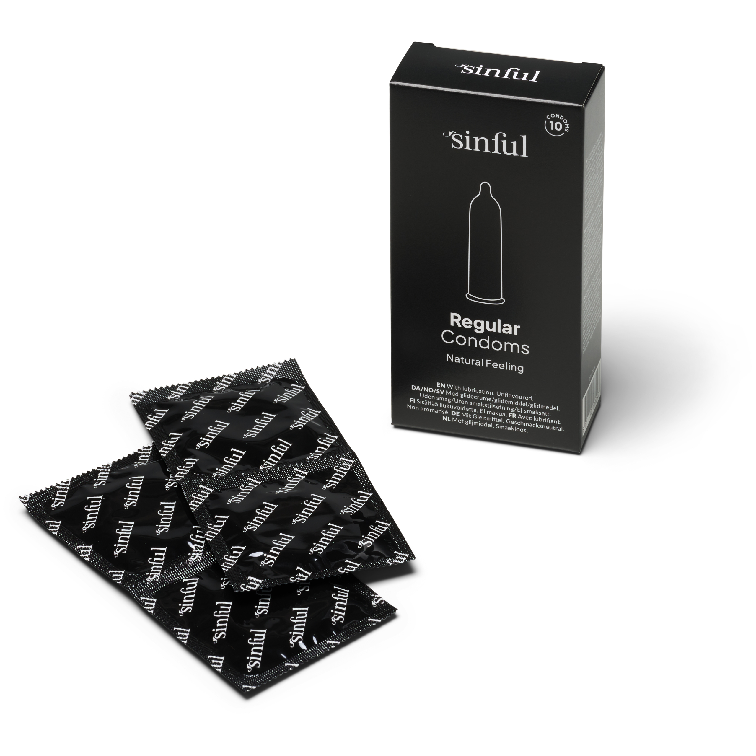 3 sorte kondomer i indpakning med Sinful logo ved siden af stor sort æske