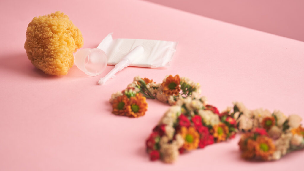 Menstruationsschwamm, Menstruationstasse, Tampon, Binde und Blumen