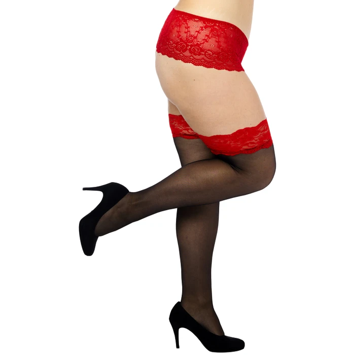 NORTIE Wilderness Hold-up Stockings with Red Lace Hem and Backseam Plus Size  var 1