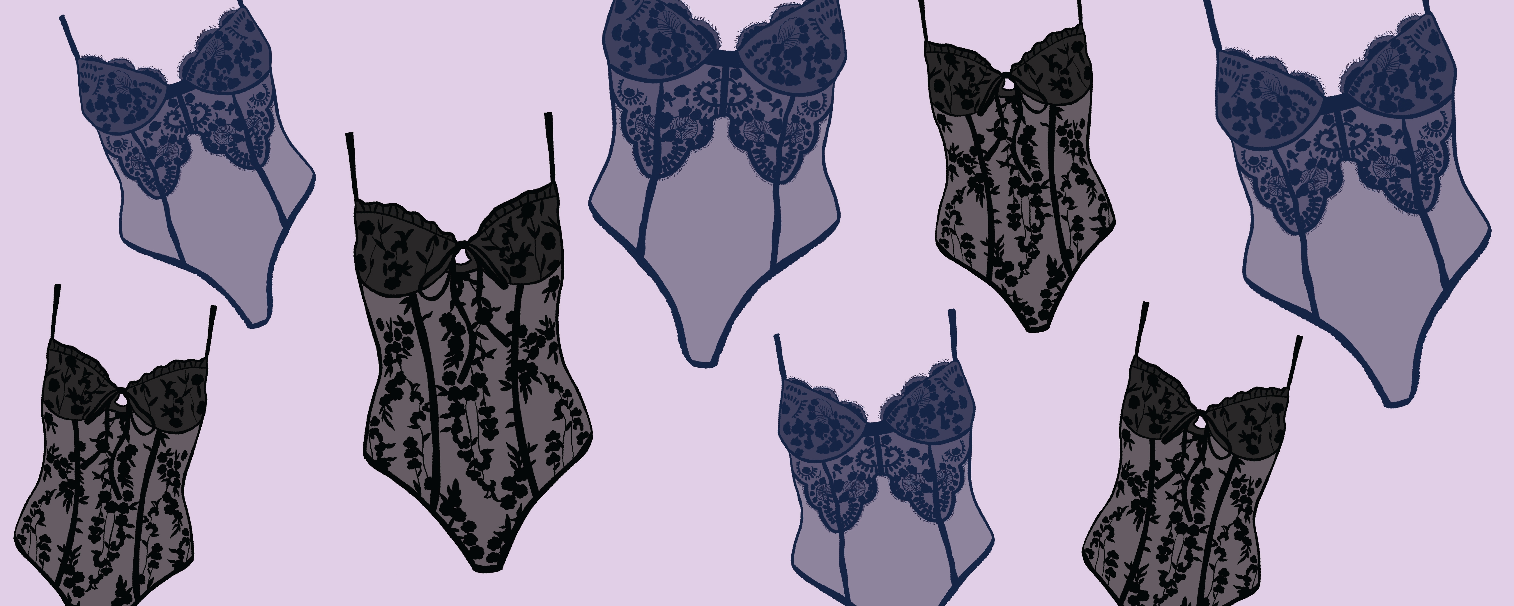 Illustration of lingerie on a purple background.