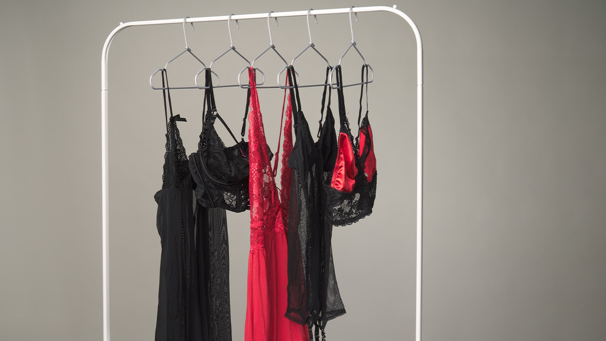 Red and black lingerie on a rack