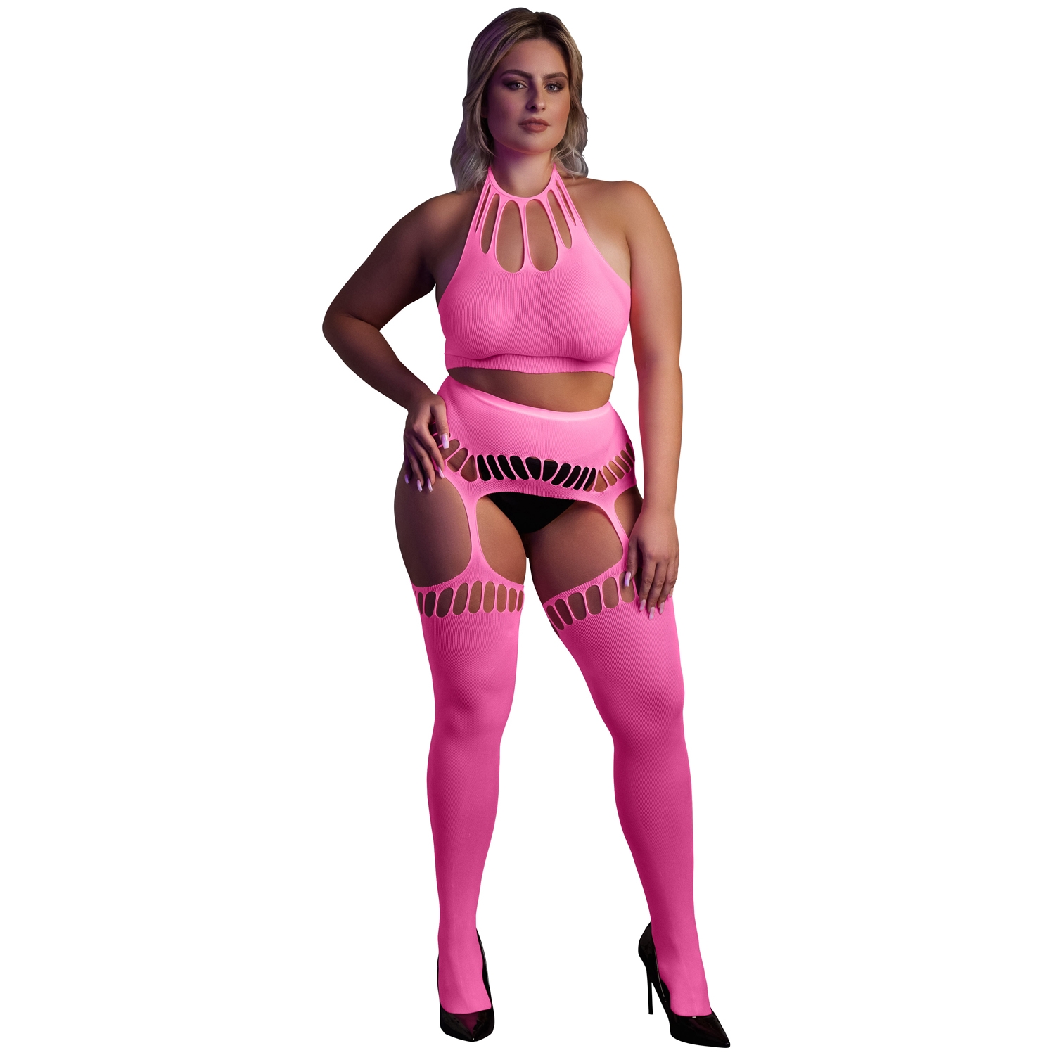 Ouch! Ouch! Glow in The Dark Neonrosa Crop Top med Strømper Plus Size - Lyserosa