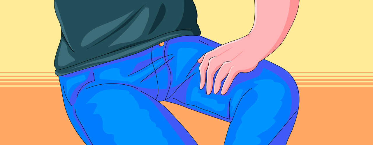 Illustration einer Frauenhand, die den Oberschenkel eines Mannes berĂĽhrt