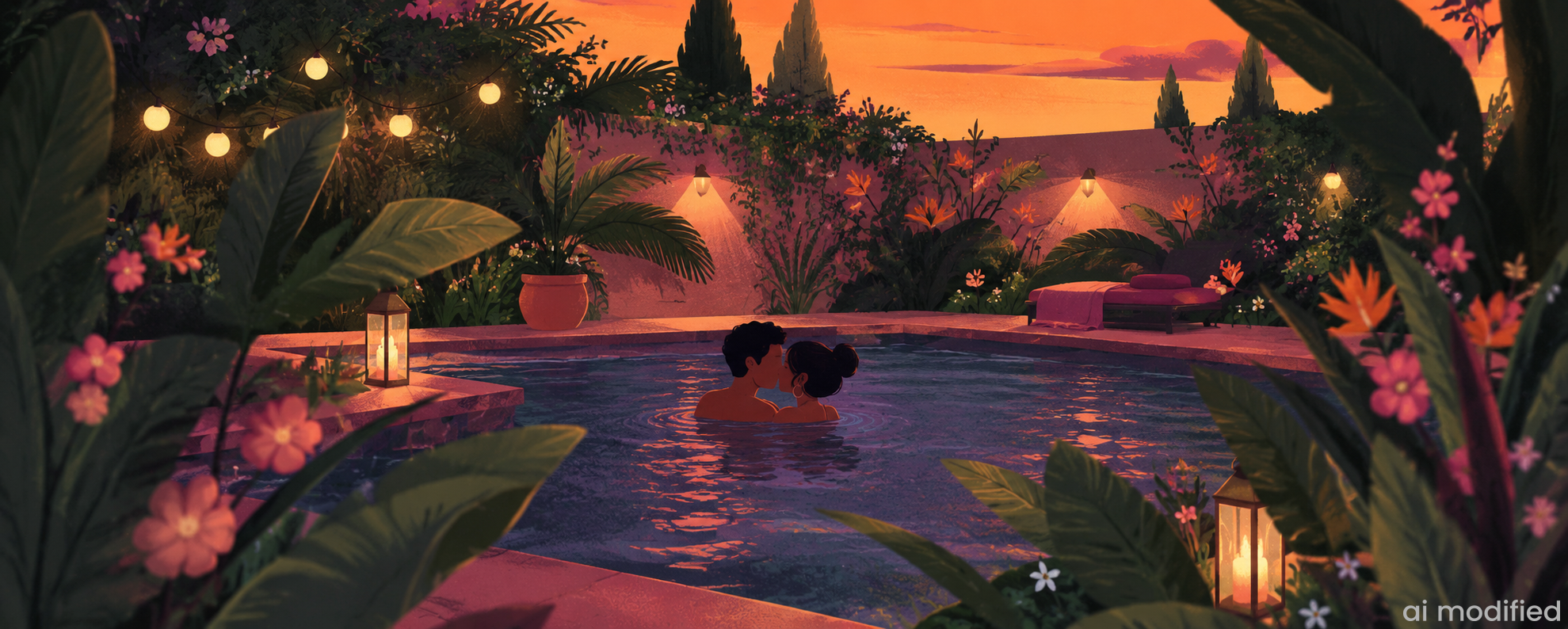 Illustration eines Pärchens in einem Pool, umgeben von tropischen Pflanzen, Blumen, Laternen und warmem Abendlicht