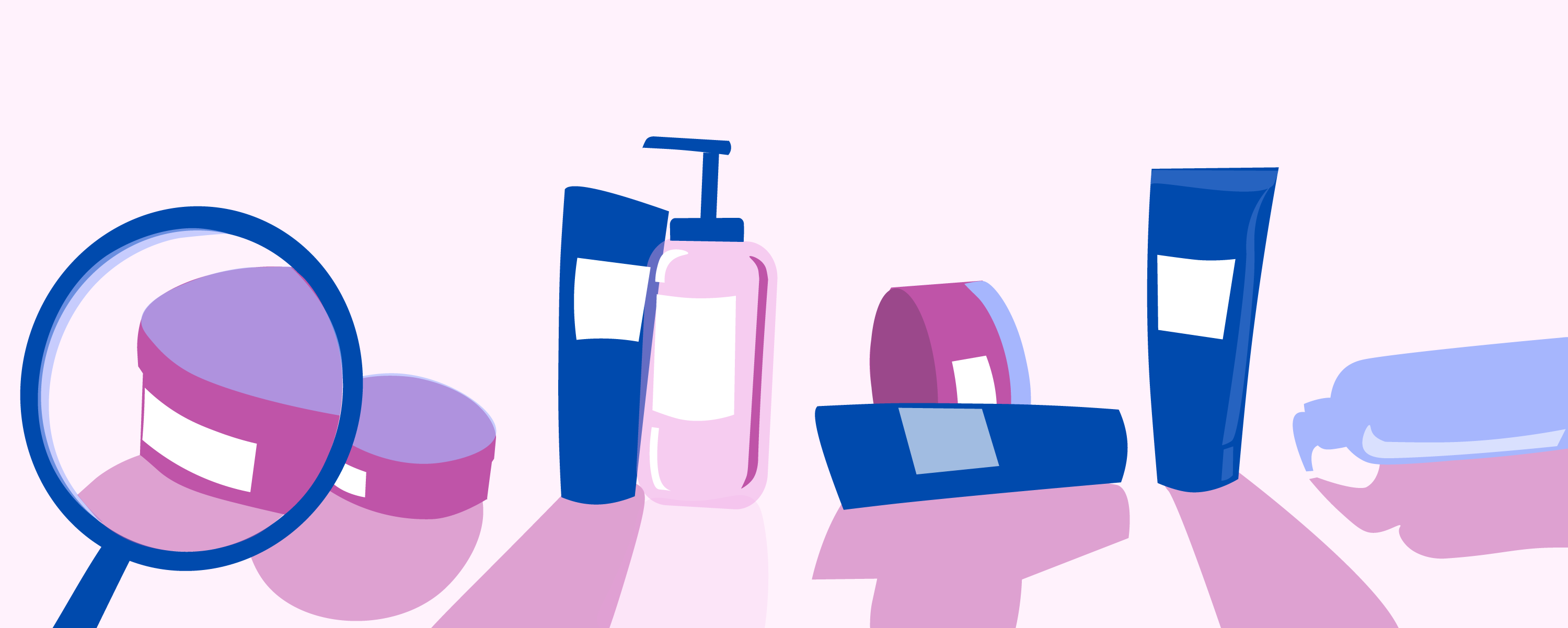 Syv tegnede glidecremer ligger på en lyserød baggrund, mens en lup zoom ind på en af flaskernes label.