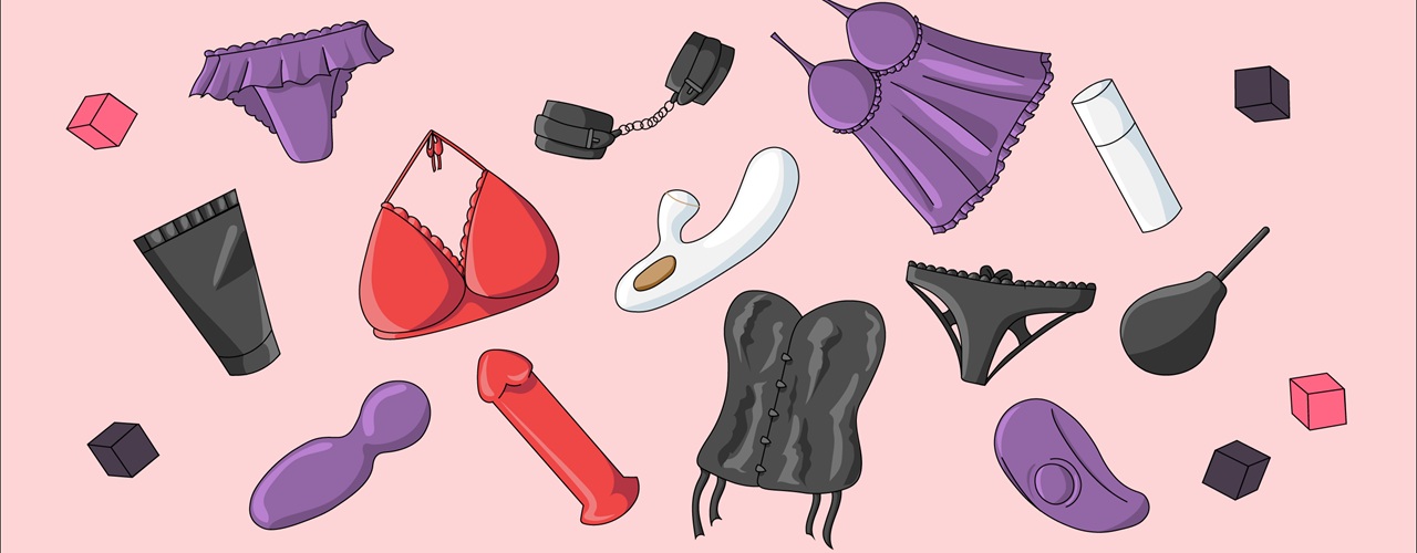 Illustration af lingeri og sexlegetøj på en lyserød baggrund