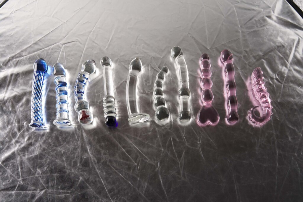 Glass dildos in different shapes and colours