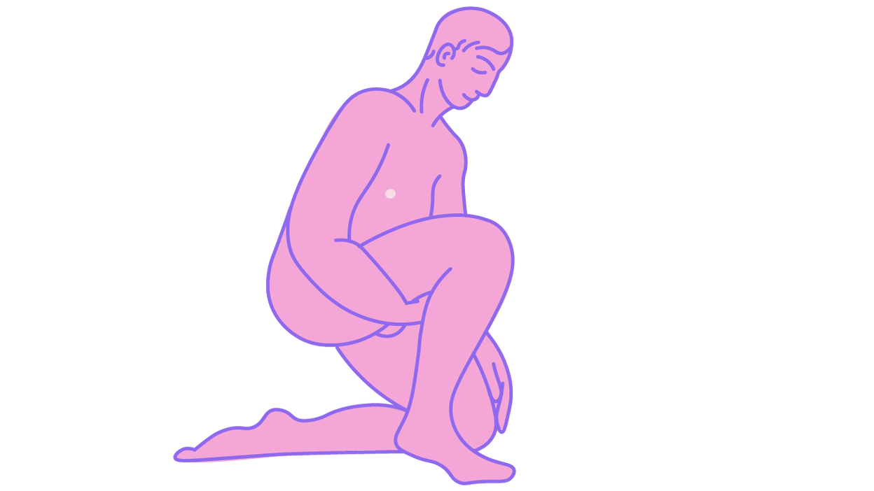 Illustratie van een man die masturbeert op één knie