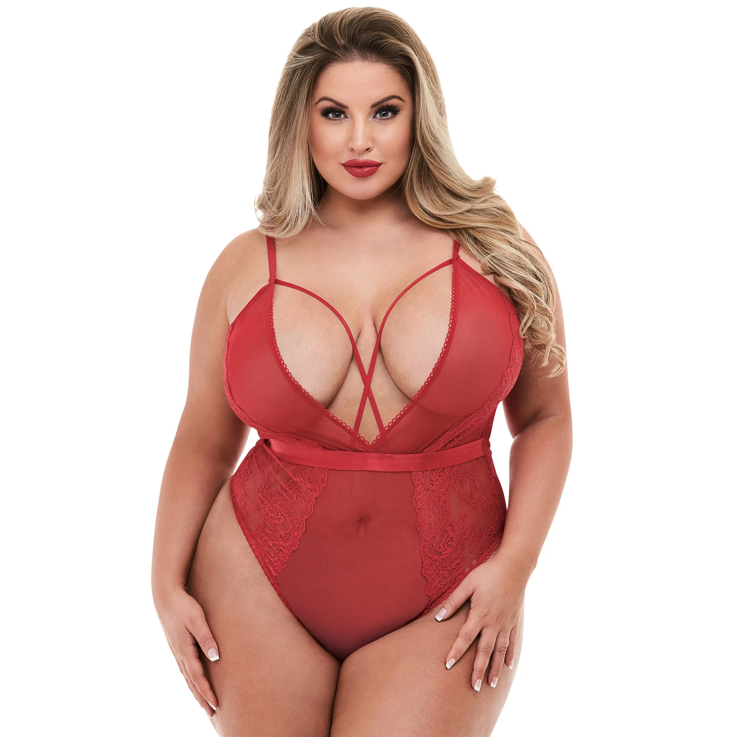 Baci Strappy Teddy Rød Plus Size var 1