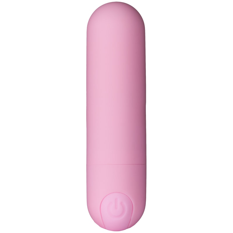 Lyserød kort bulletvibrator med tænd-knap i bunden, stående lodret på hvid bund