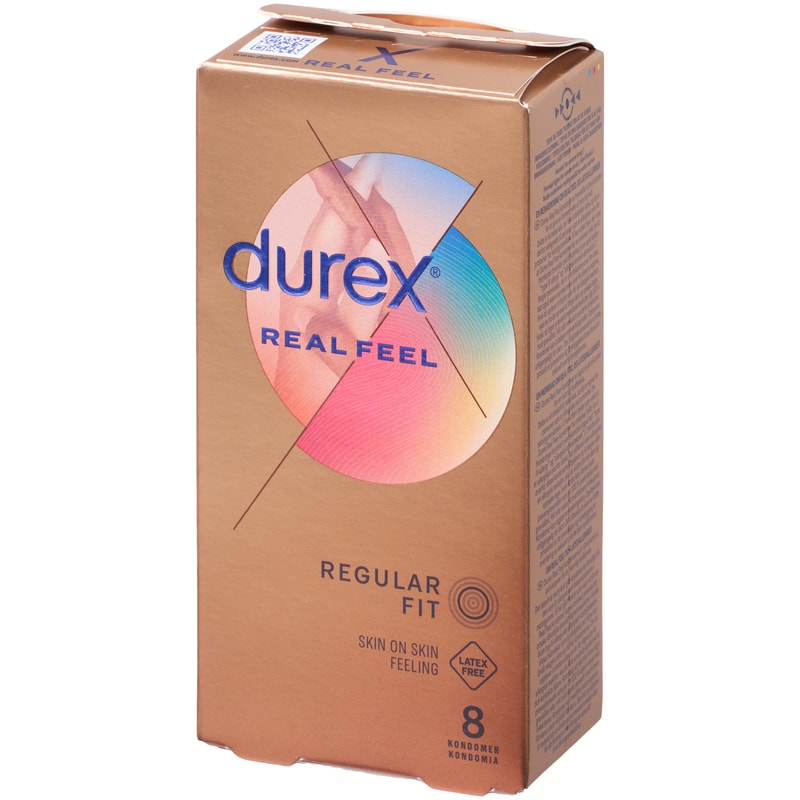 Brun og gylden æske med teksten Durex Real Feel og et farvet cirkelmønster, på hvid bund