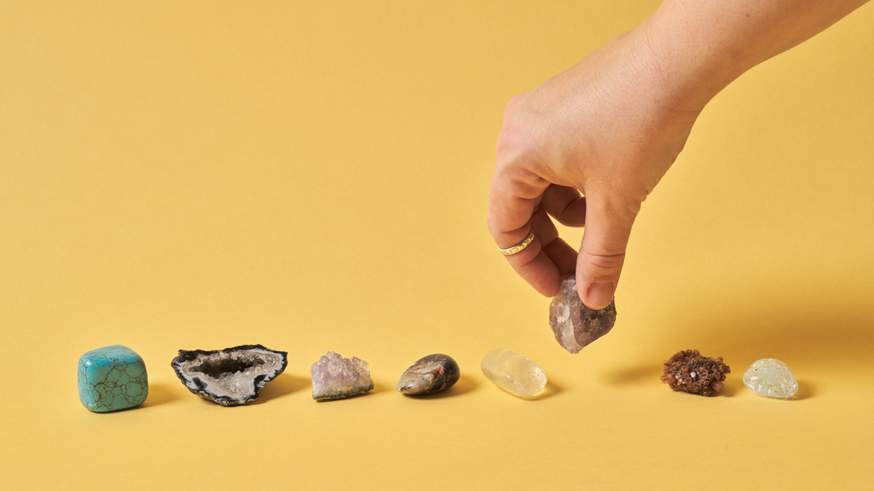 Stones and crystals lying on a row