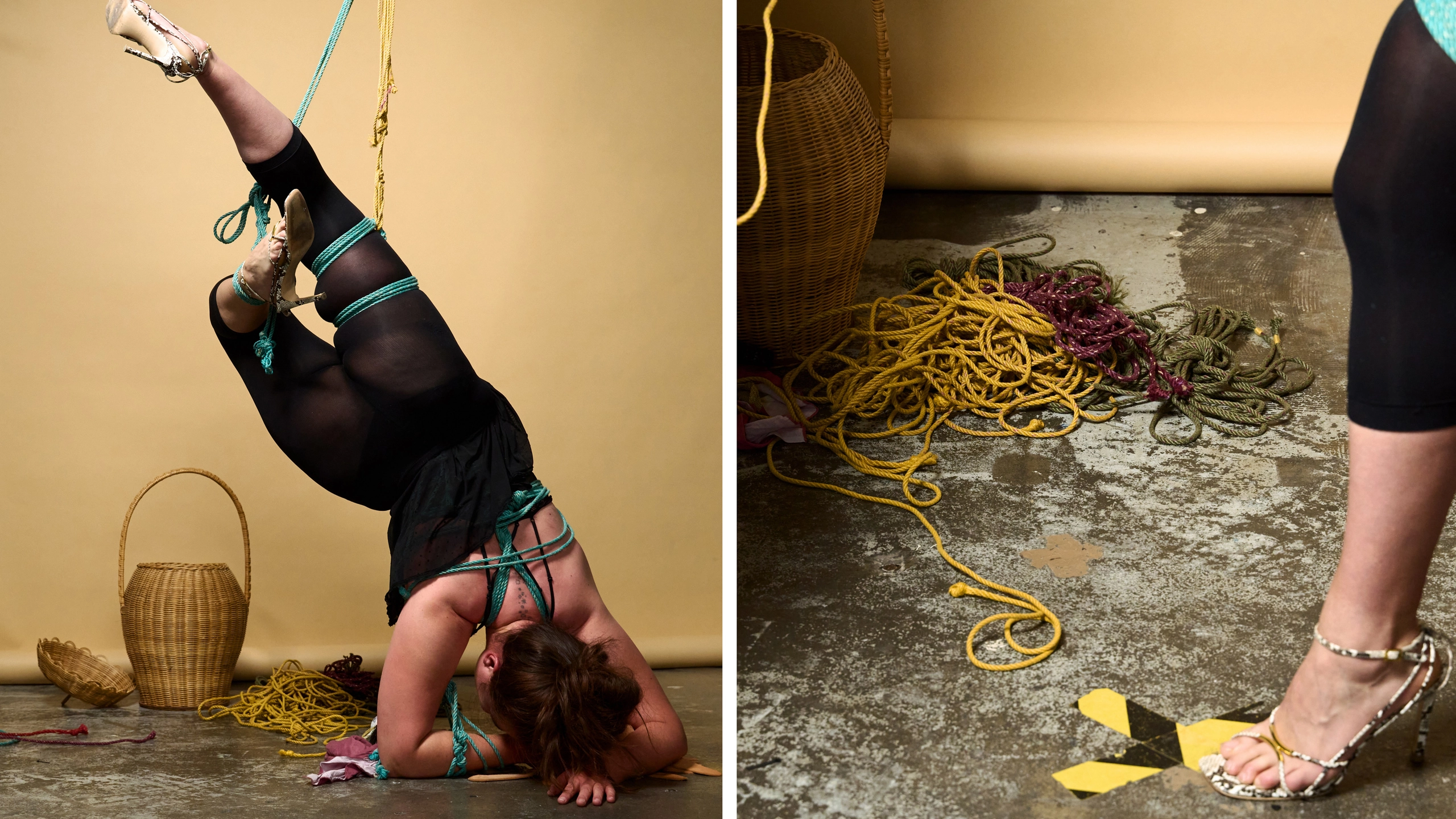 Persoon die ondersteboven in een bondage touw hangt