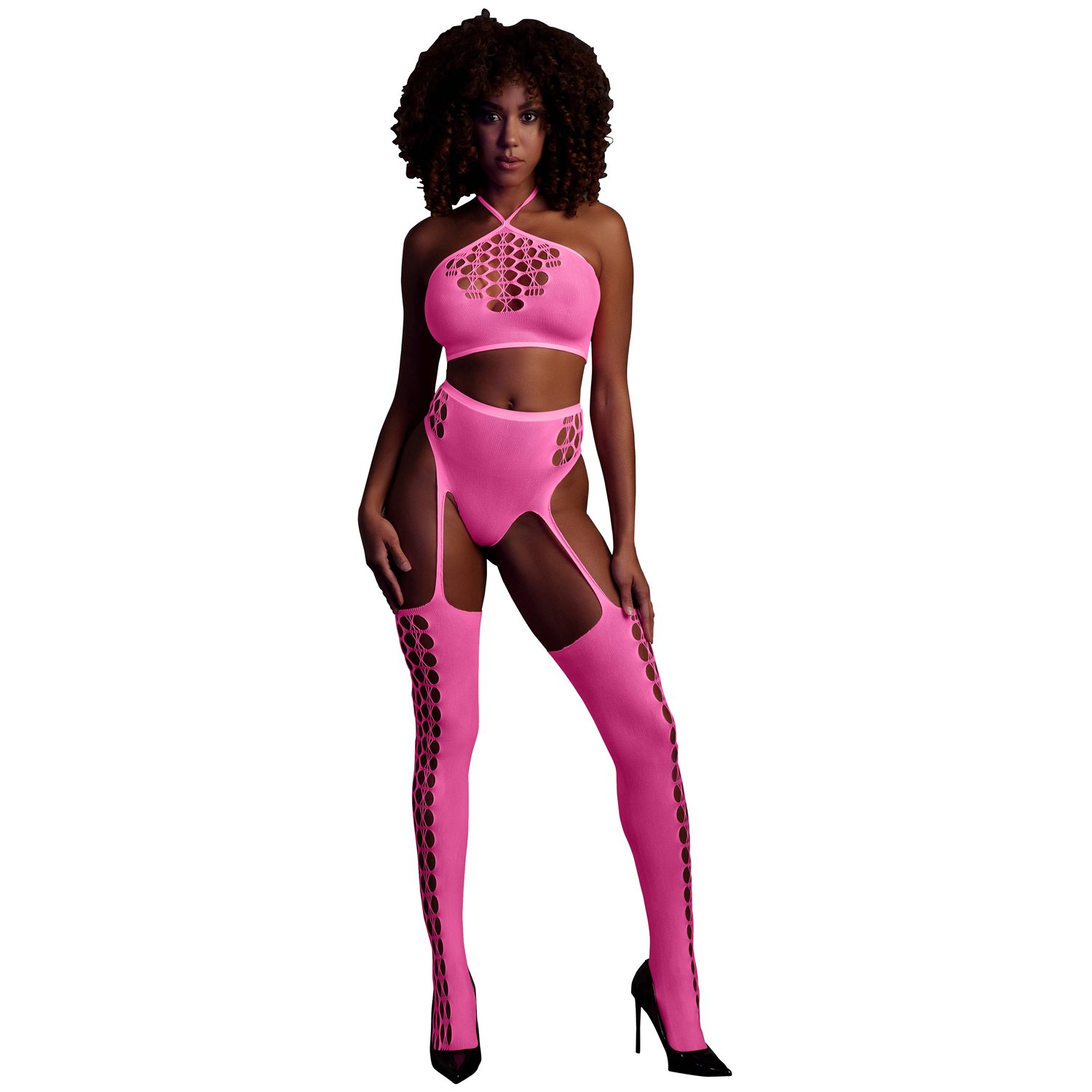 Ouch! Glow in The Dark Neonrosa Crop Topp och Strumpor   - Ljusrosa - One size