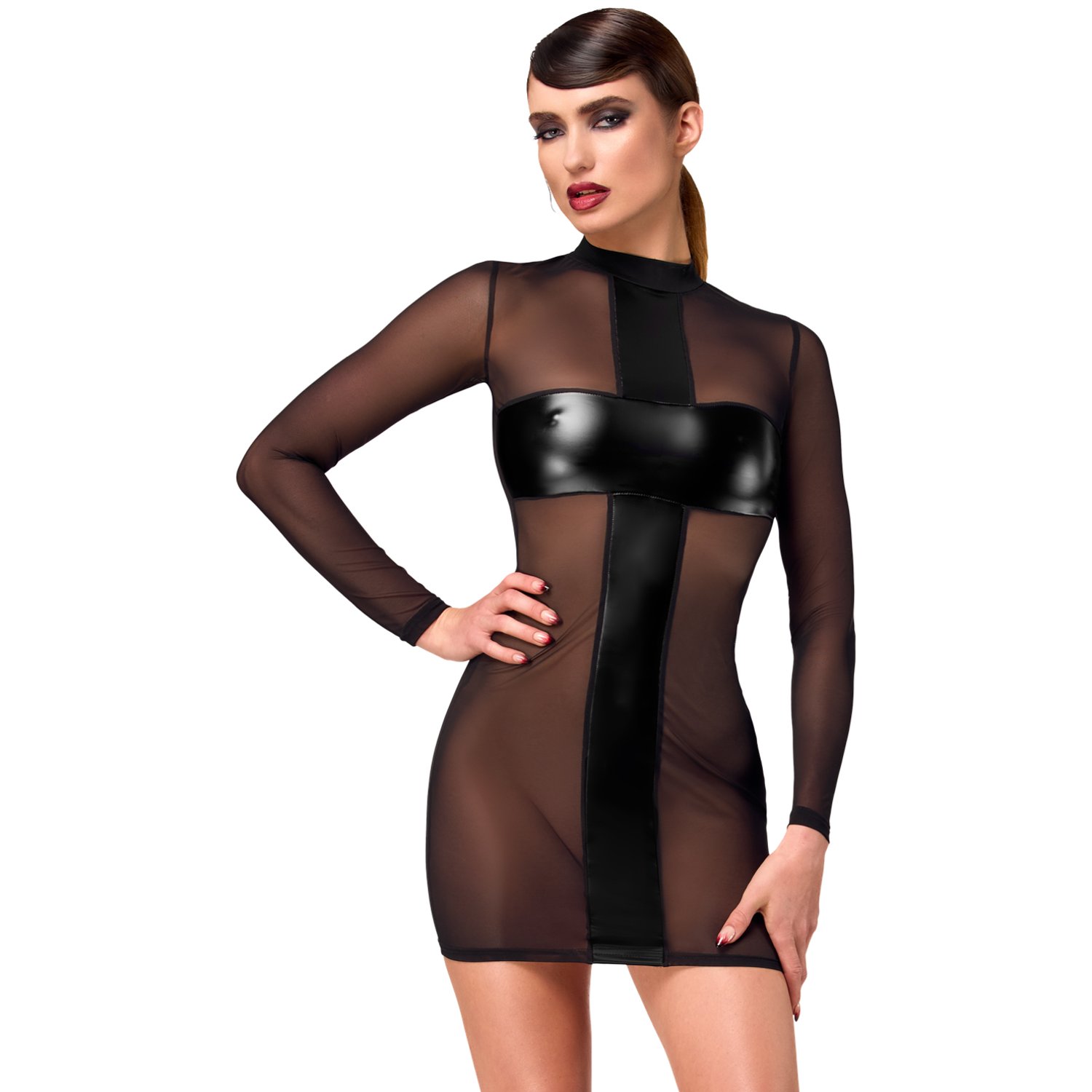 Noir Handmade F369 Crossfire Mesh & Wetlook Mini Kjole - M