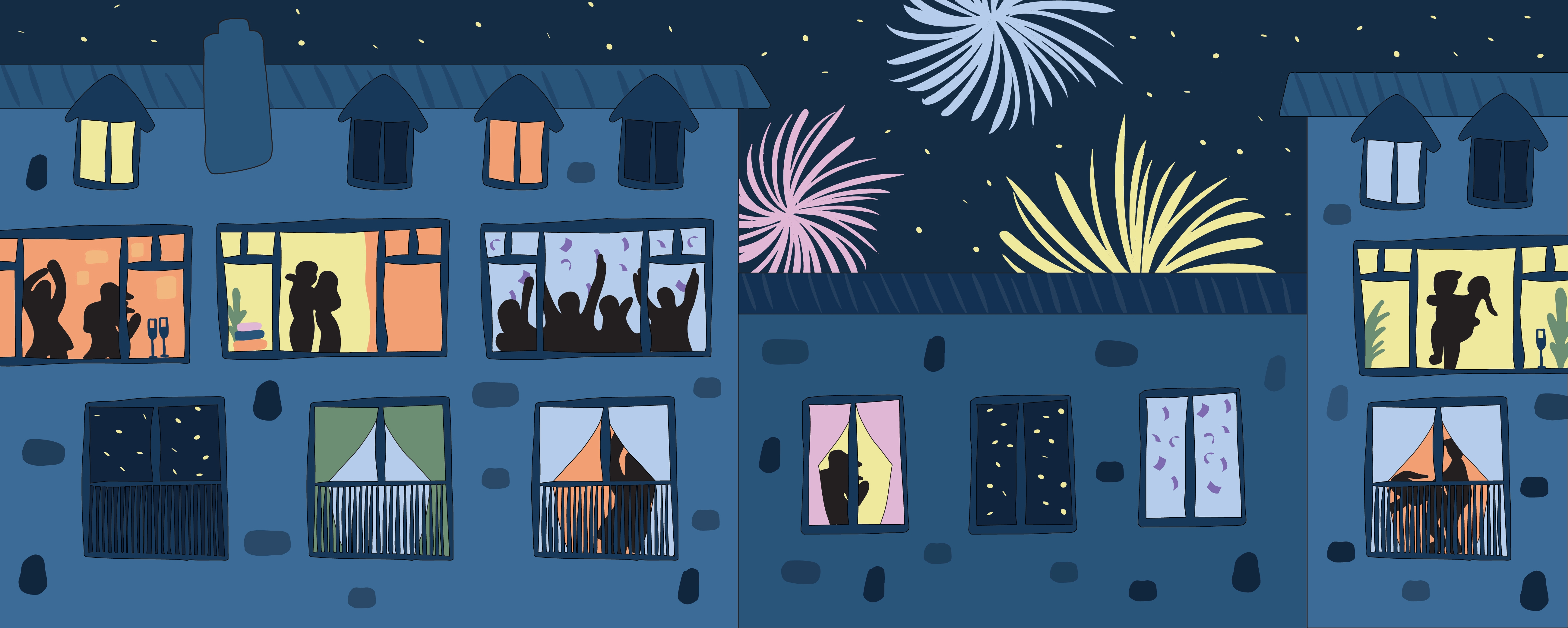 Illustration av ett lägenhetshus med upplysta fönster och fyrverkerier på natthimlen vid nyår.