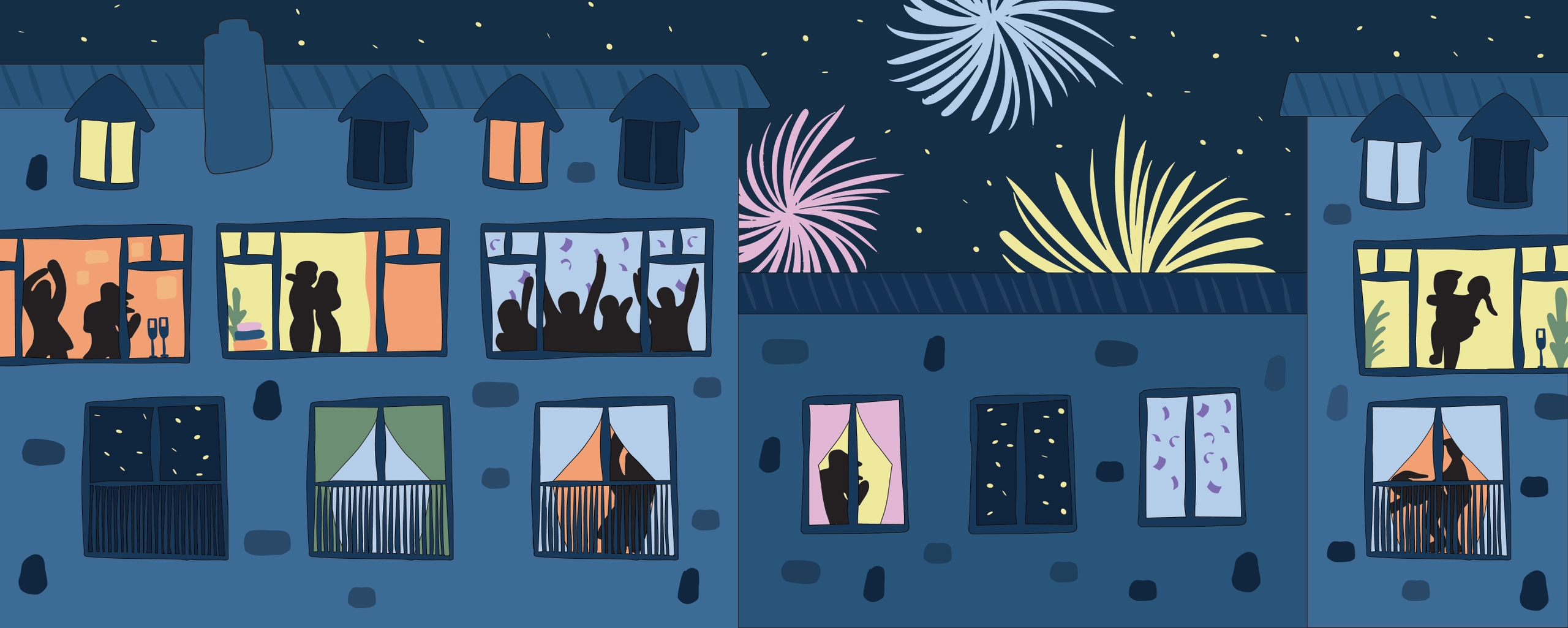 Illustration av ett lägenhetshus med upplysta fönster och fyrverkerier på natthimlen vid nyår.