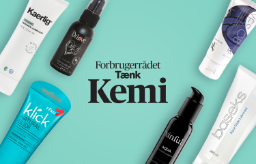 Seks glidecremer ligger på en turkis baggrund med teksten "Forbrugerrådet Tænk Kemi" i midten