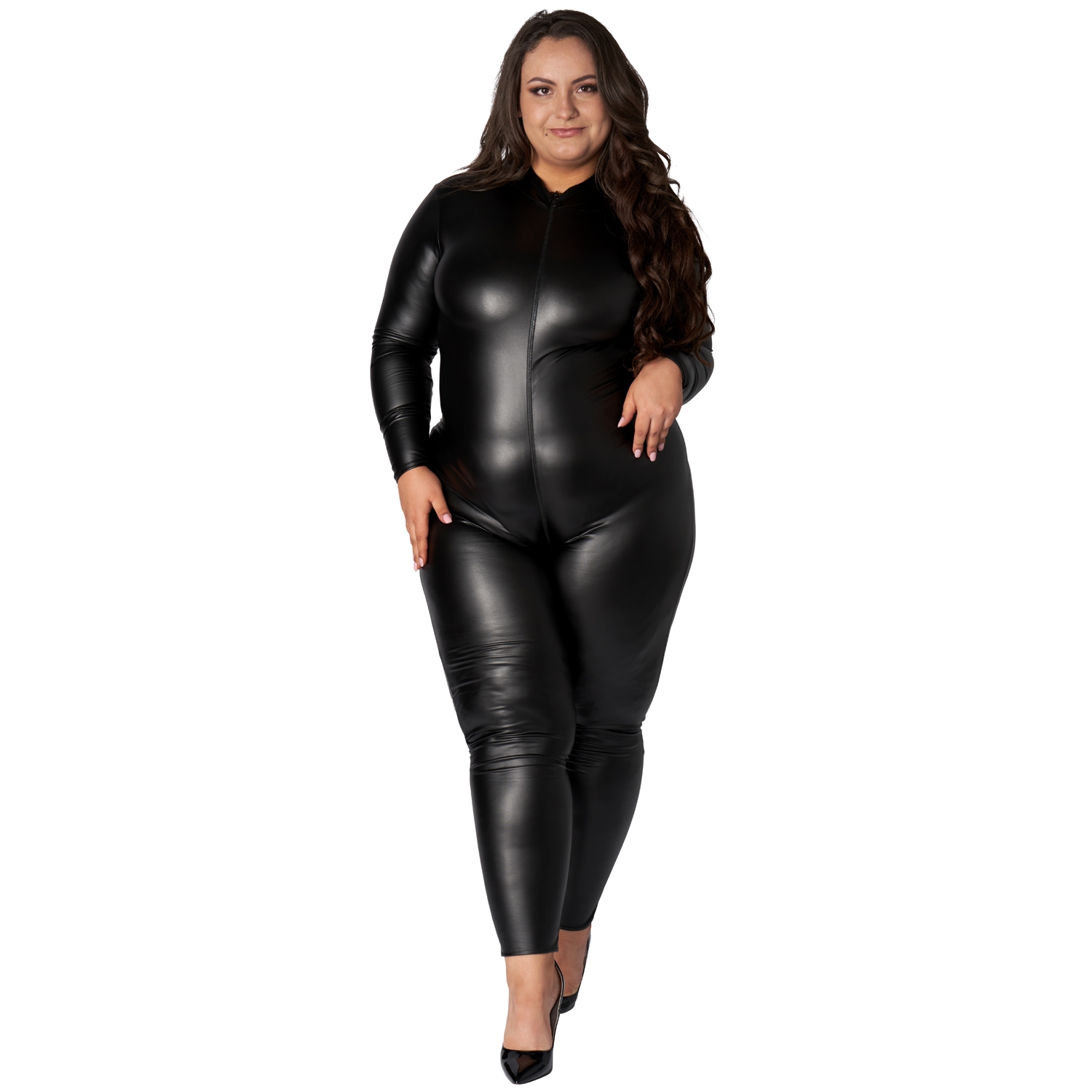 NORTIE Fetish Wetlook Grenlös Catsuit Plus-Size - Svart