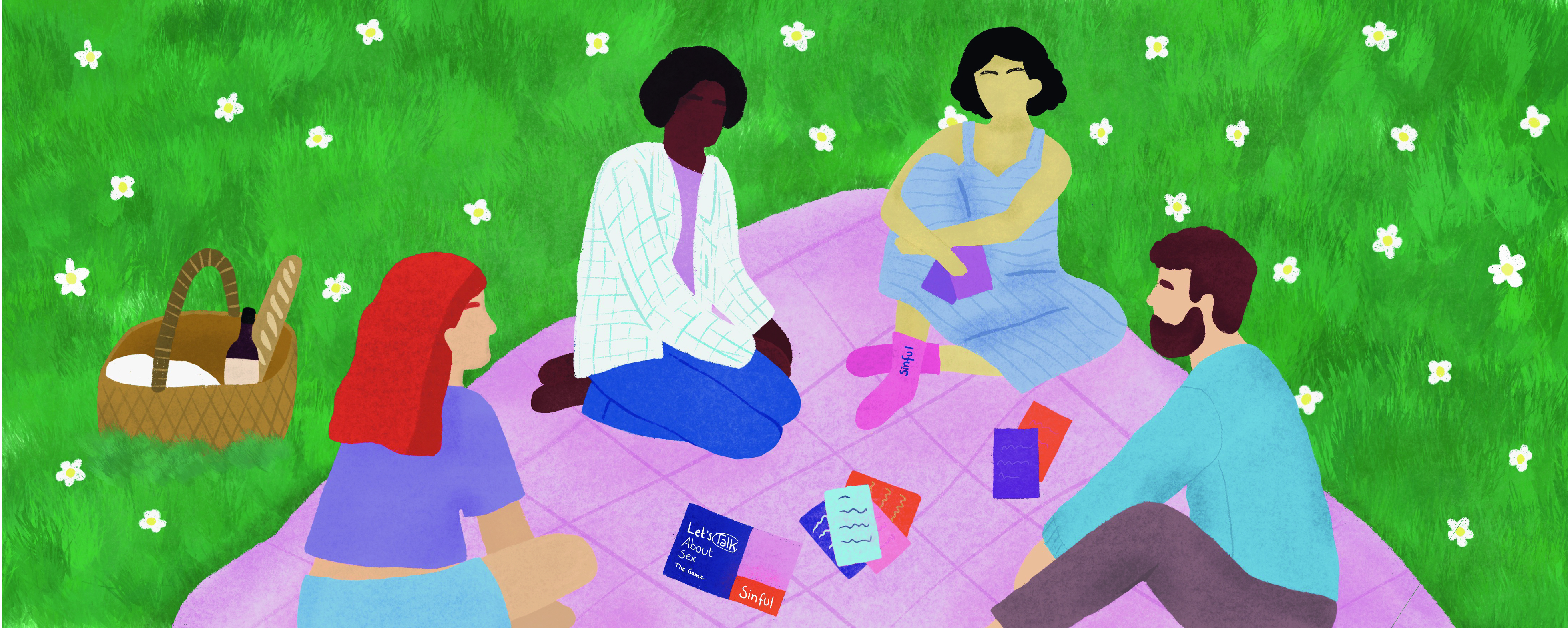 Een groep vrienden zit op een picknickkleed in een park en speelt samen een vragenkaartspel.