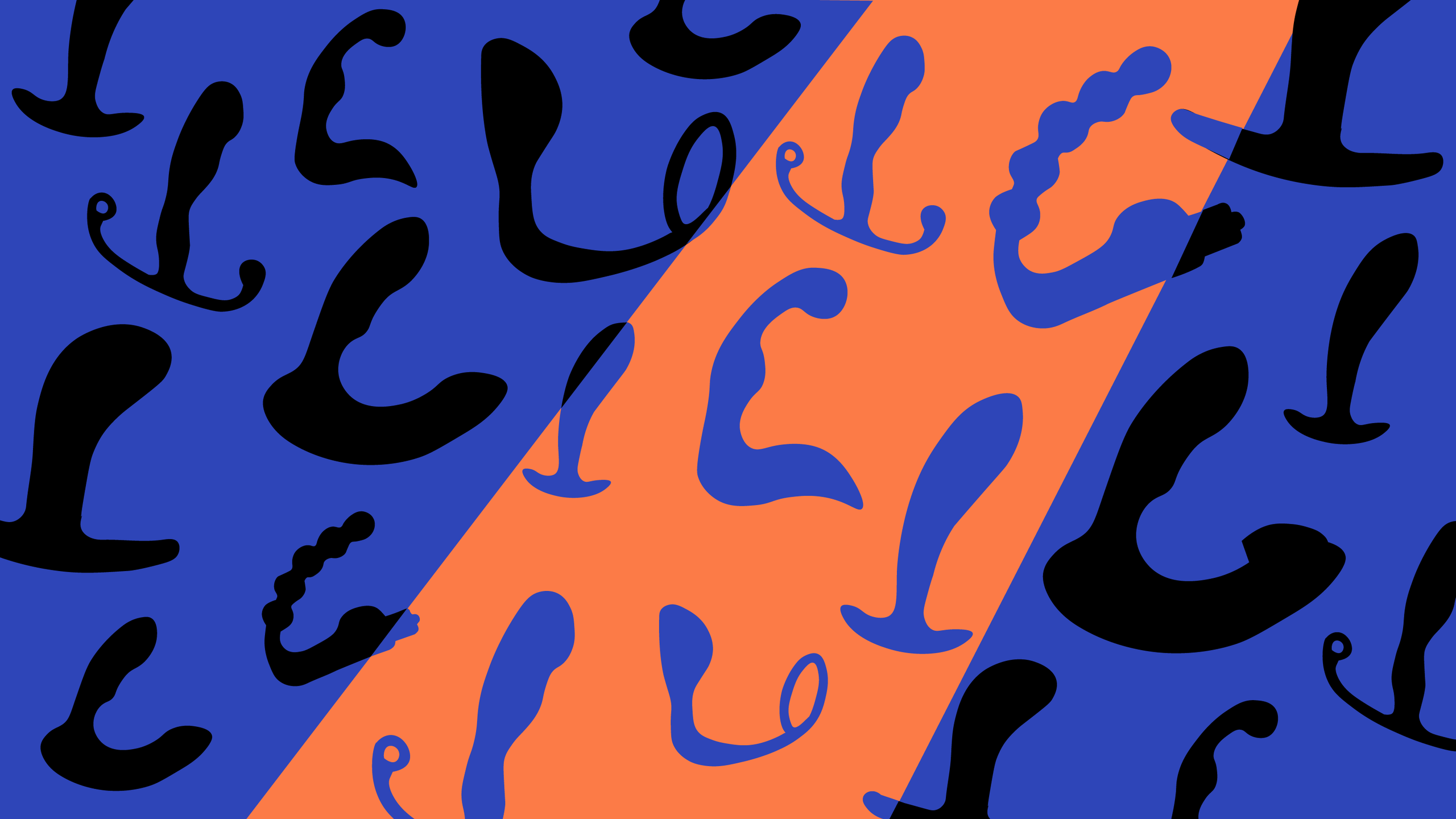 illustration of many different prostate and anal sex toys in orange, black and blue