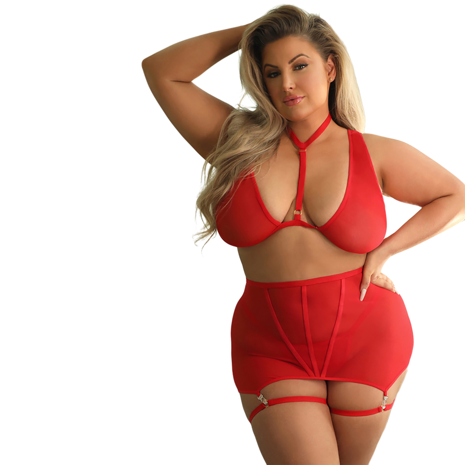 Fantasy Lingerie Tease VAUGHN, Bralette, Nederdel med Strømpestropper & G-streng Plus Size - Rød - 3XL/4XL thumbnail