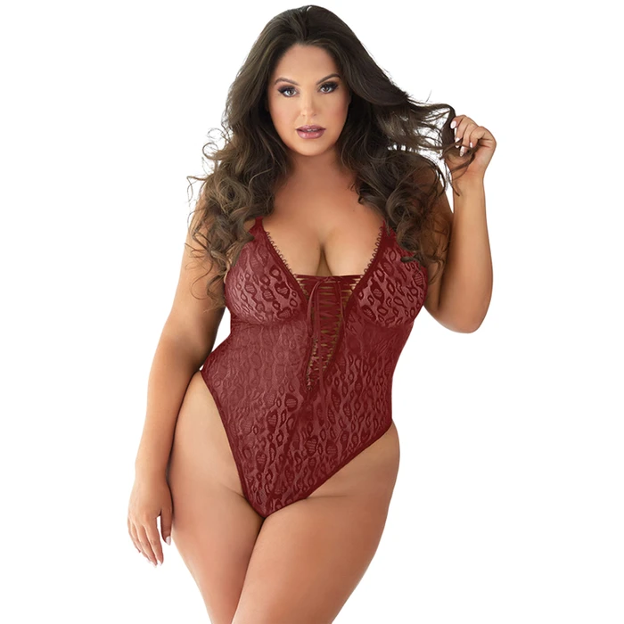 Allure Diva Rayna Leoparden-Body mit Spitzenschnürung in Rot Plus Size var 1