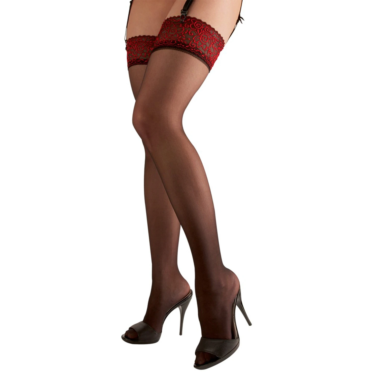 Cottelli Lange Strømper med Rød Blondekant var 1