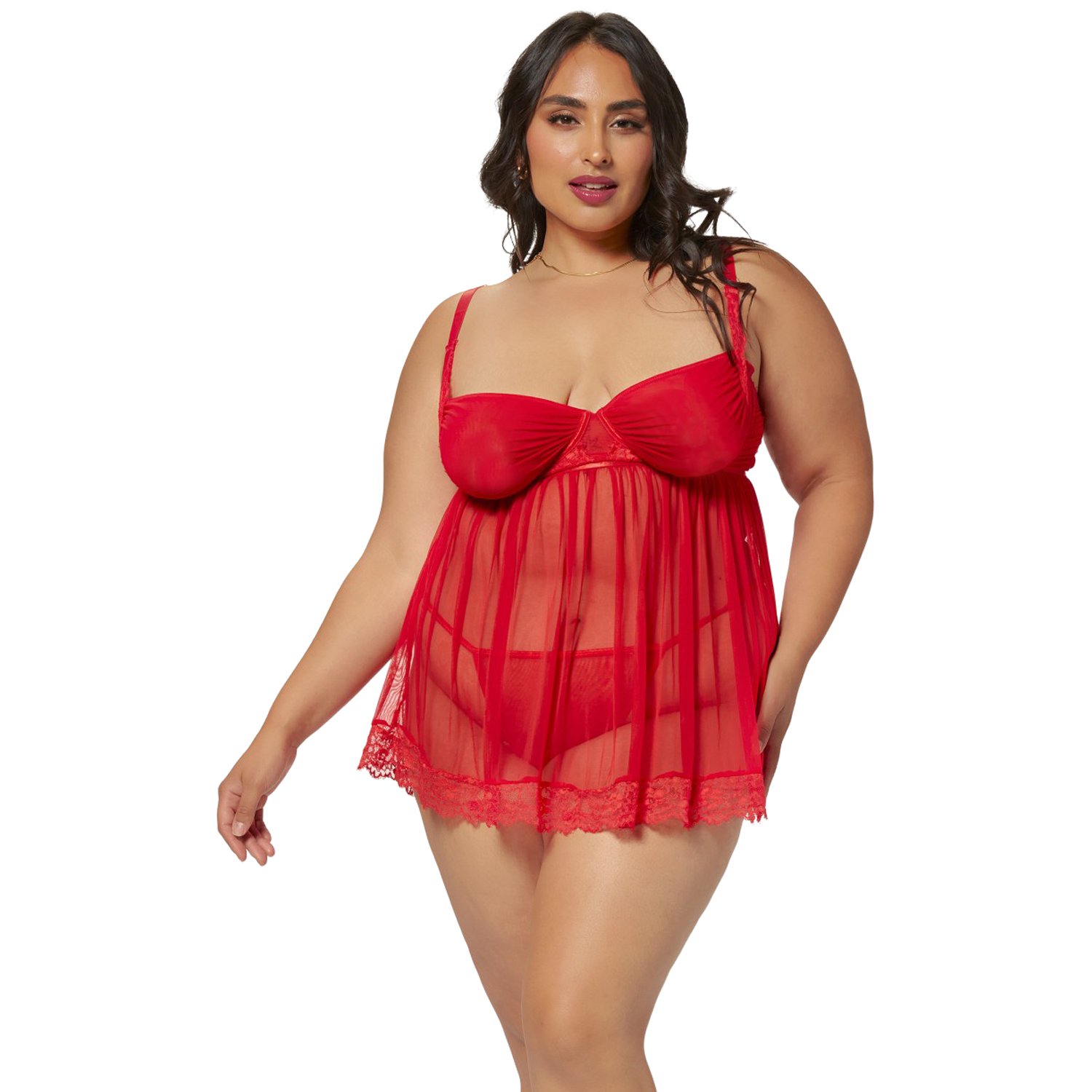 Seven 'til Midnight Two Piece Tulle Babydoll og Trusse Sæt Plus Size - Rød - XL/2XL