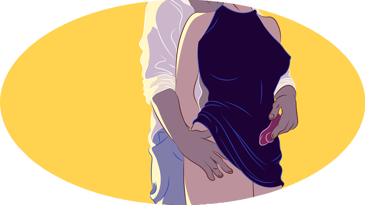 Illustration of a couple standing close together while one is holding a purple vibrator