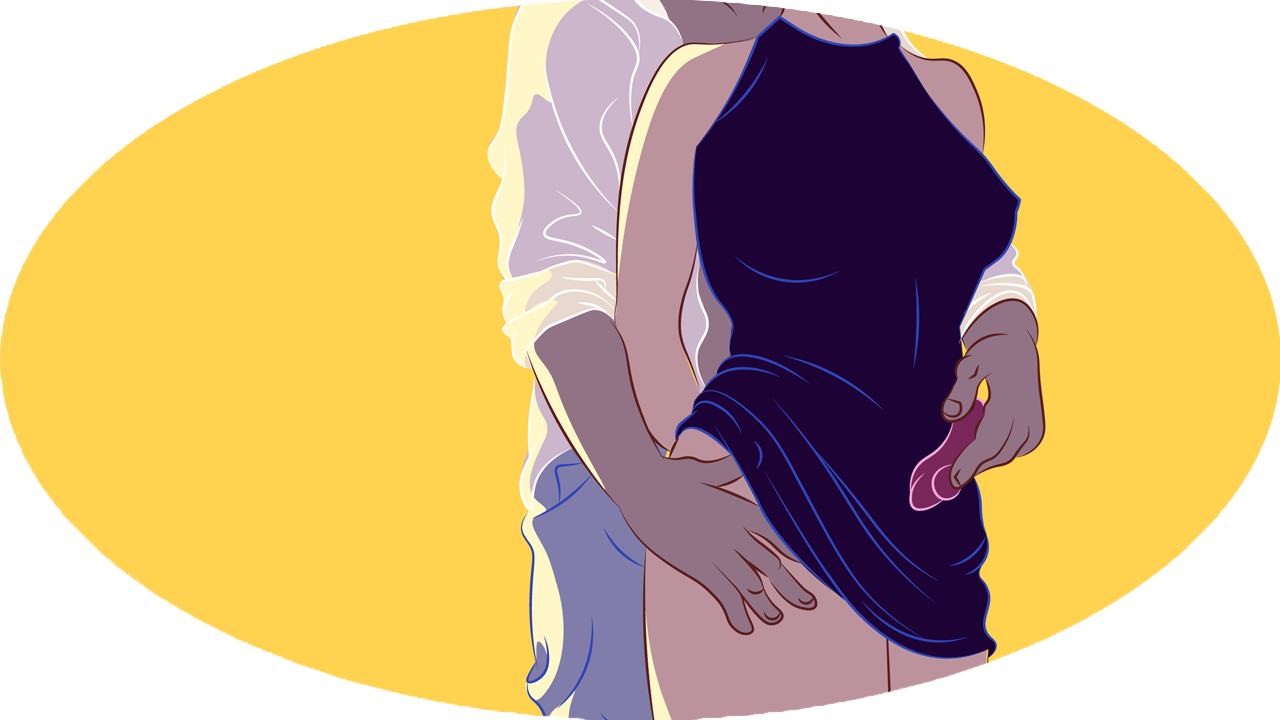 Illustration eines Paares, das eng beieinander steht, während der eine einen lila Vibrator in der Hand hält