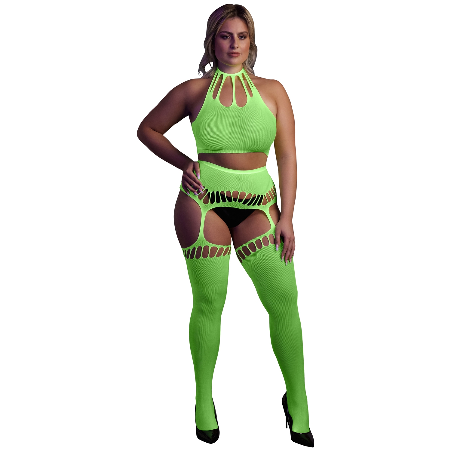 Ouch! Glow in The Dark Neon Grøn Crop Top med Strømper Plus Size - Green - Plus size thumbnail
