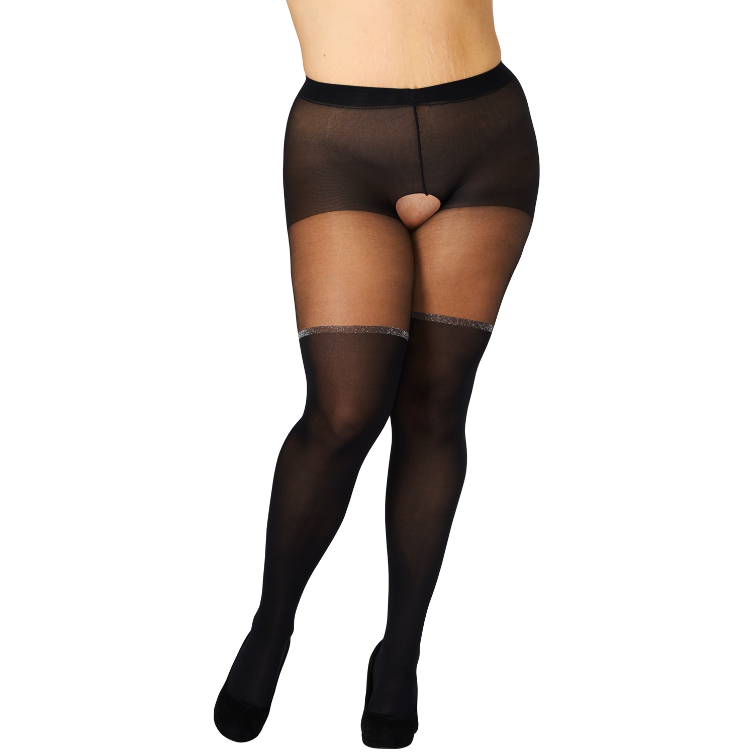 NORTIE Silverfall Bundløse Strømpebukser med Lurexbånd Plus Size - Black - Plus size thumbnail