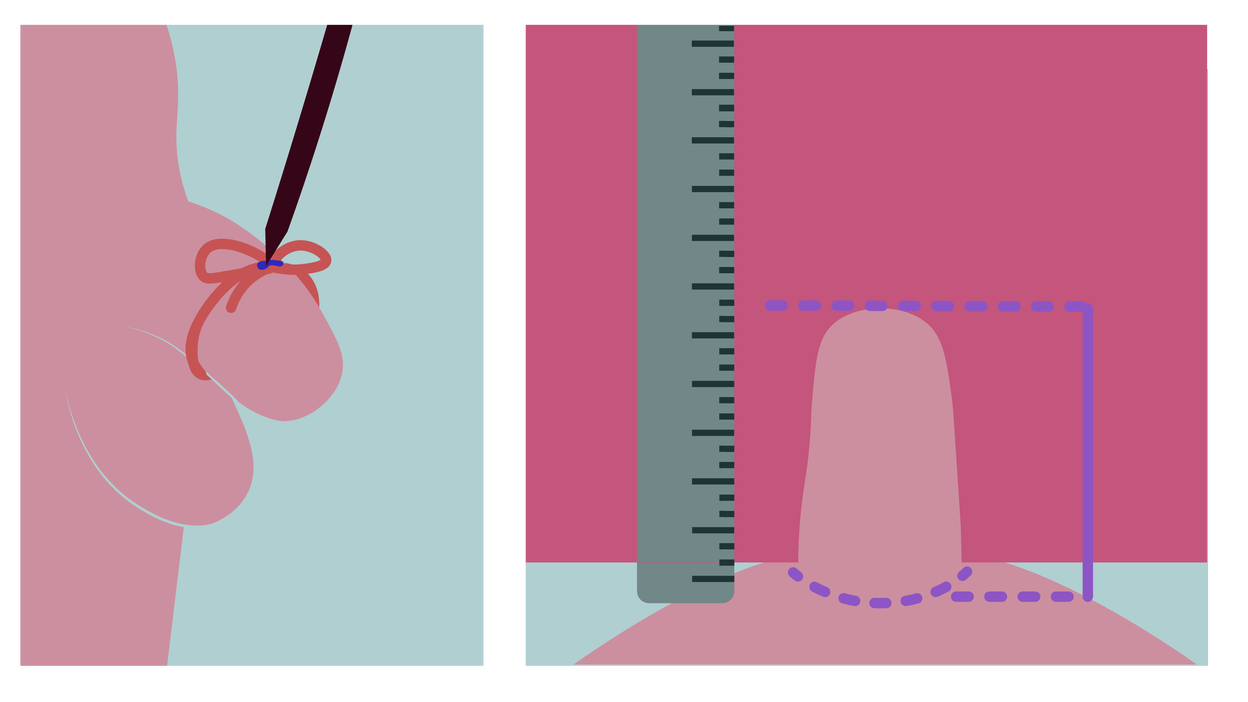 A string being tied around a penis and then placed on top of a ruler.